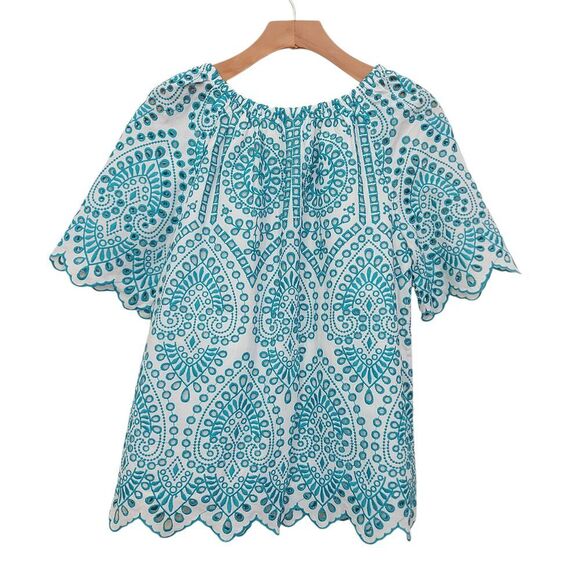 Chico's Eyelet Embroidered Top Womens Small Aqua Green Short Sleeve Bohemian - Picture 2 of 12